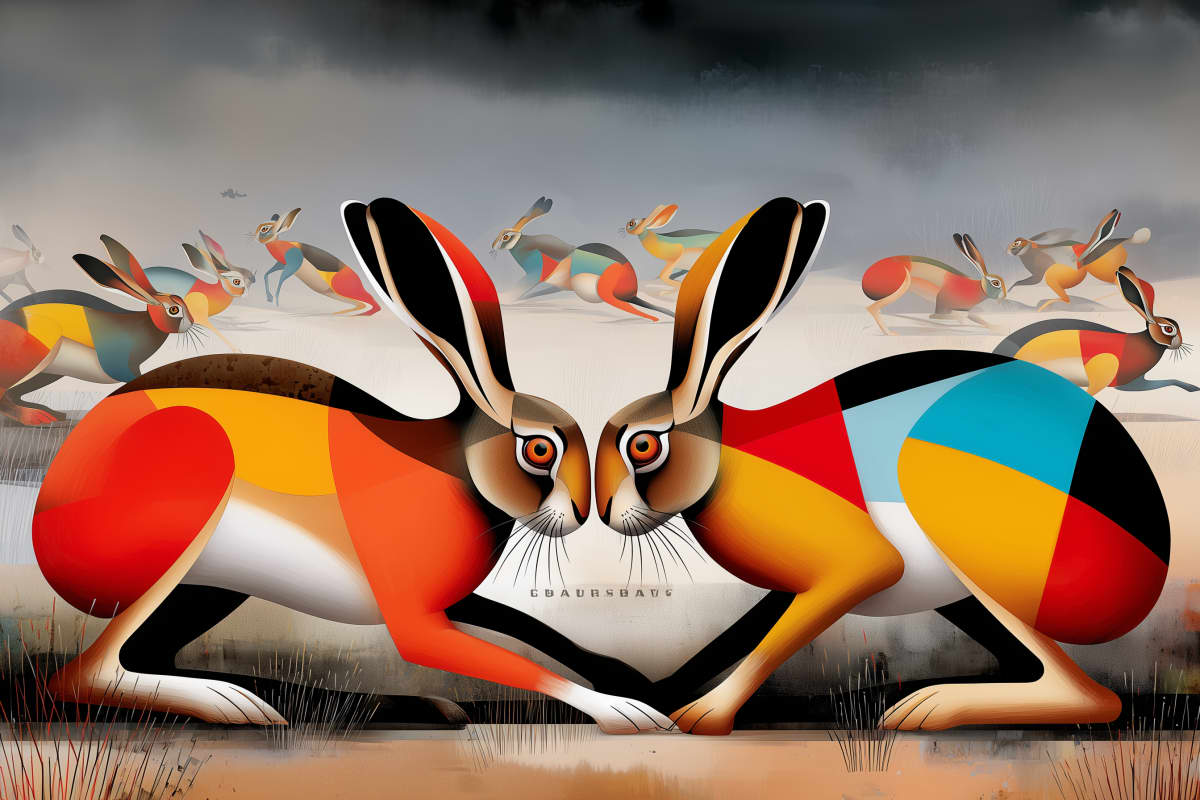 Hares in Motion - Two geometric hares face each other beneath stormy skies, their bodies decorated with bold, colorful angular patterns in motion.