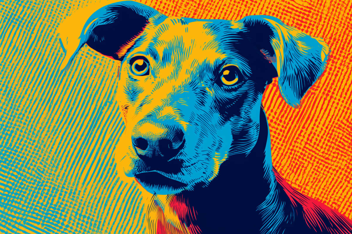 Neon Companion - A contemplative dog rendered in vibrant pop art style with bold blue, yellow, and orange halftone patterns against geometric backgrounds.