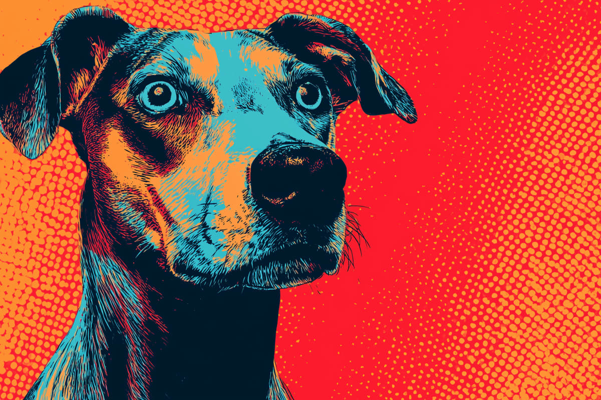 Vibrant Canine Portrait - A dog rendered in bold pop art style with cyan, orange, and black contrasts against a vivid halftone background.
