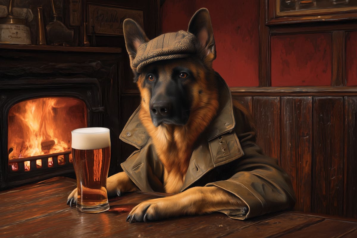 Last Orders - A German Shepherd in a waxed jacket and tweed flat cap sits at a pub bar with a pint of ale, framed by red walls and a log burner.