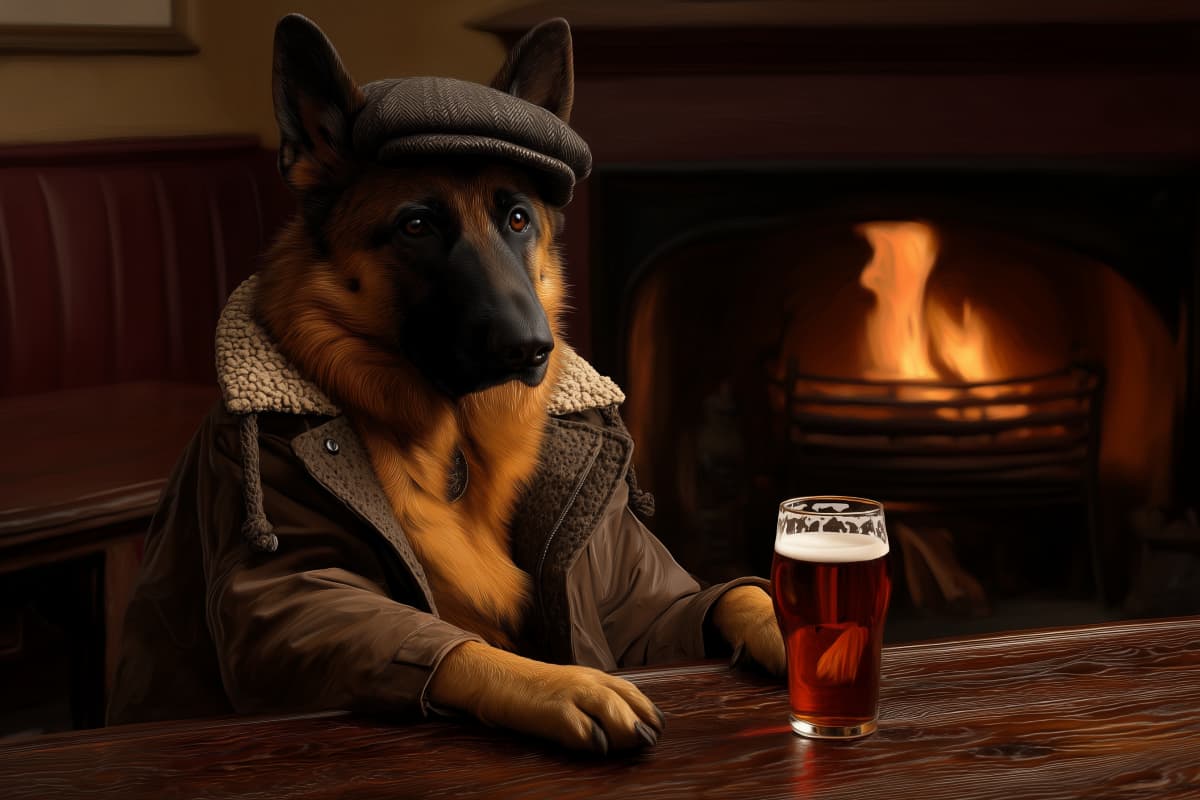 Fireside Gentleman - A German Shepherd in a sheepskin-collared jacket and flat cap sits at a dark pub table with a pint glass by a glowing fire.