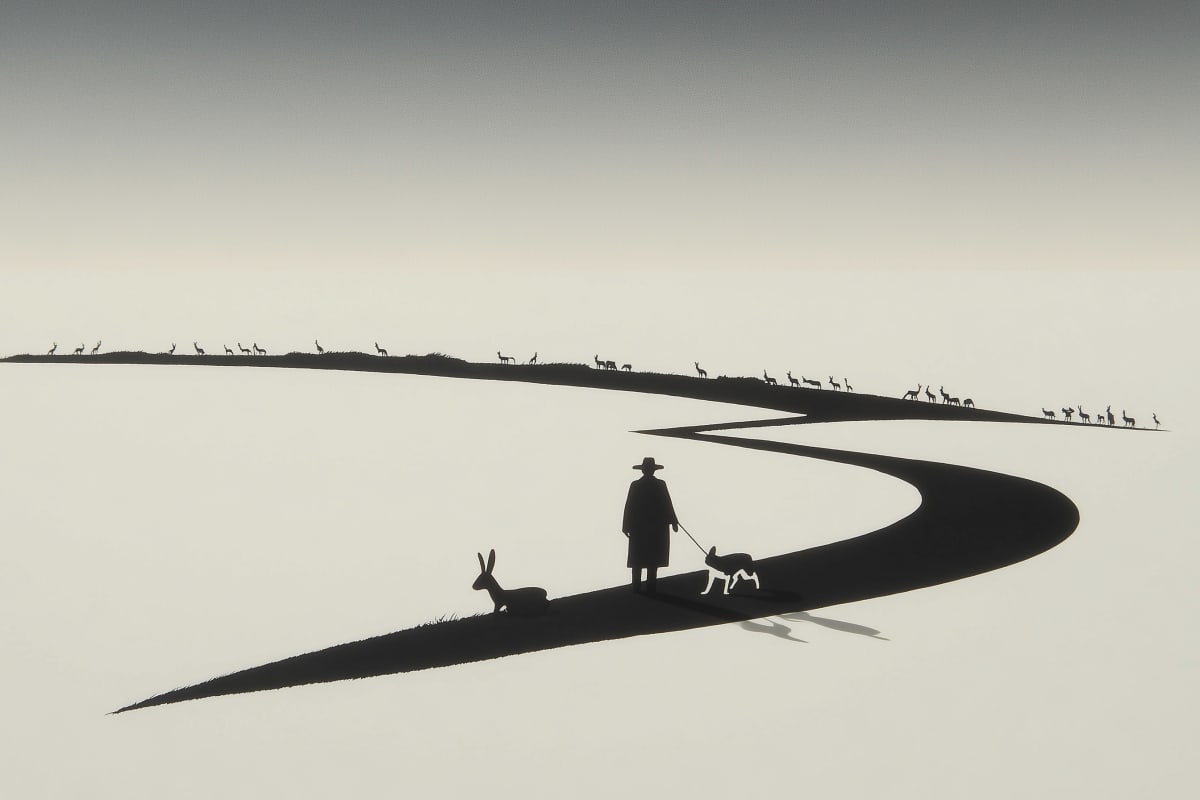 The Long Path Home - Silhouetted shepherd with dogs walks a winding path lined with distant sheep against a minimal, ethereal sky.