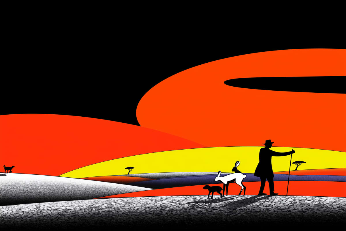 Desert Wanderer's Journey - A silhouetted shepherd with staff walks alongside two dogs across textured terrain beneath dramatic orange, yellow, and red sunset dunes.