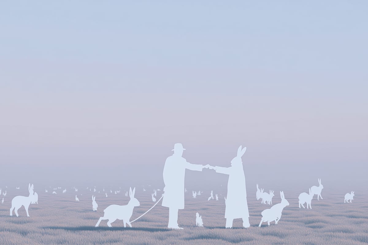Misty Covenant - Two silhouetted figures exchange an object amid a field populated with rabbits and hares in ethereal fog.