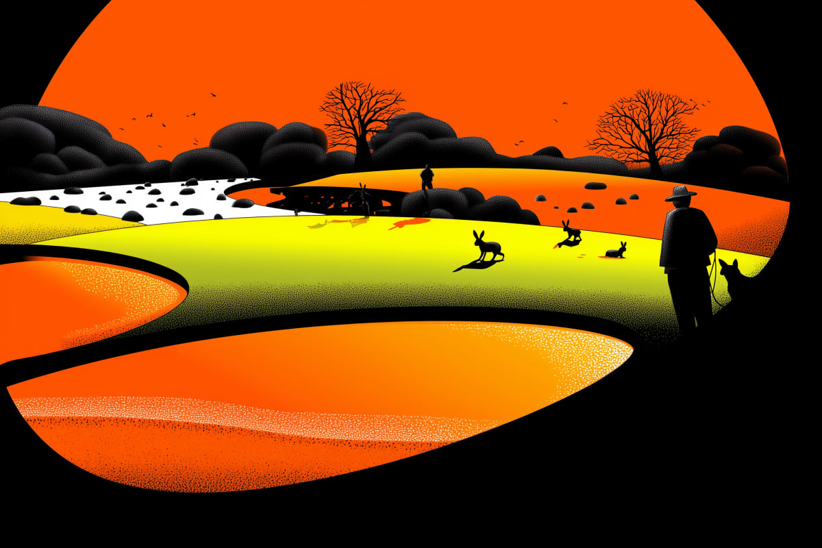 Sunset Shepherd's Watch - A lone shepherd figure observes grazing rabbits across undulating yellow-green hills beneath a dramatic orange sun and silhouetted bare trees.