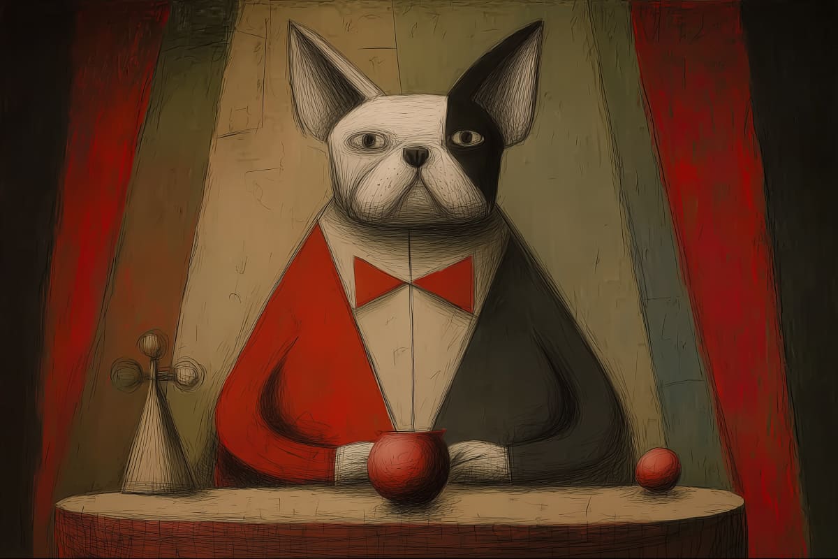 The Distinguished Performer - A formally dressed French Bulldog sits at a table with red spheres, framed by stage curtains in dramatic lighting.
