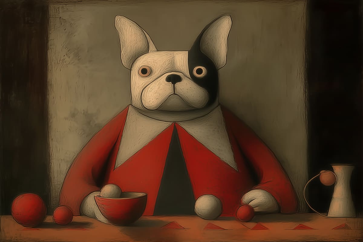 The Solemn Guardian - A French Bulldog in ceremonial red garb sits formally behind a table adorned with spheres and vessels in muted earth tones.