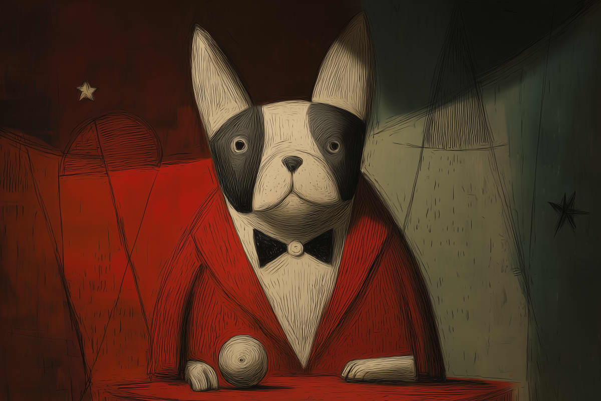 The Distinguished Dealer - A dapper Boston Terrier in red jacket and bow tie presides over a card table in an elegant, art deco-inspired setting.