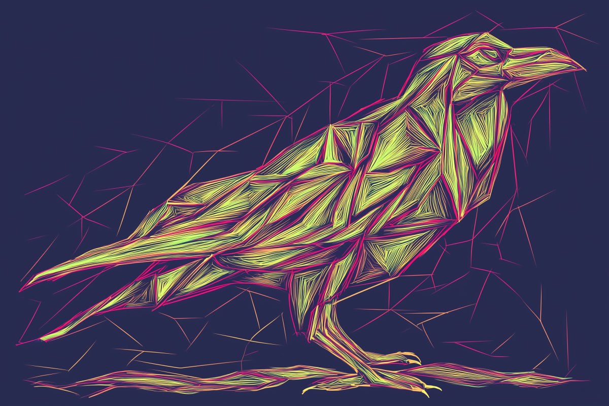 Geometric Raven Luminance - A raven rendered in striking angular geometric forms with brilliant yellow-green linework against deep purple, creating electric energy.