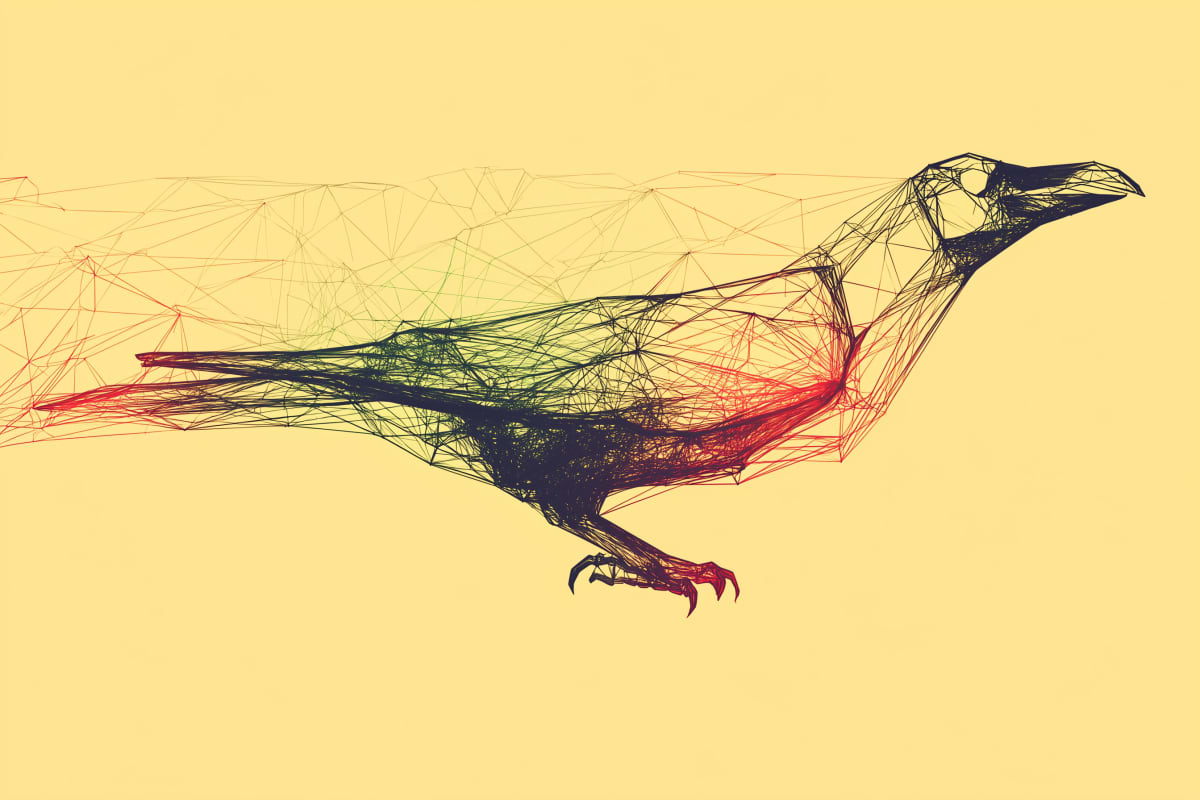 Geometric Crow Convergence - A crow rendered through overlapping geometric wireframe lines in dark blues, reds, and greens against a warm yellow background.