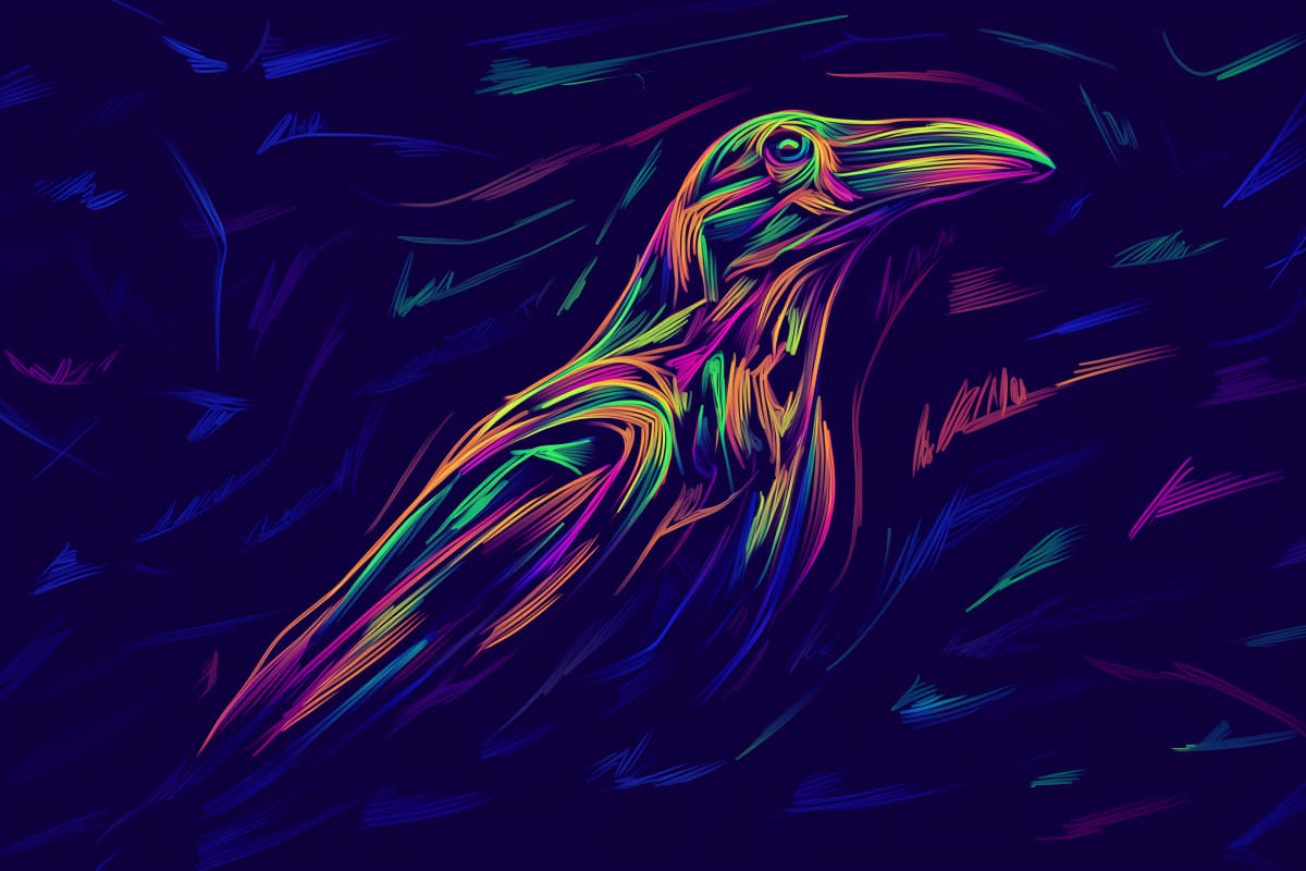 Neon Raven Ascendant - A raven rendered in vibrant neon rainbow lines emerges from a dark blue background with dynamic streaking brushstrokes.