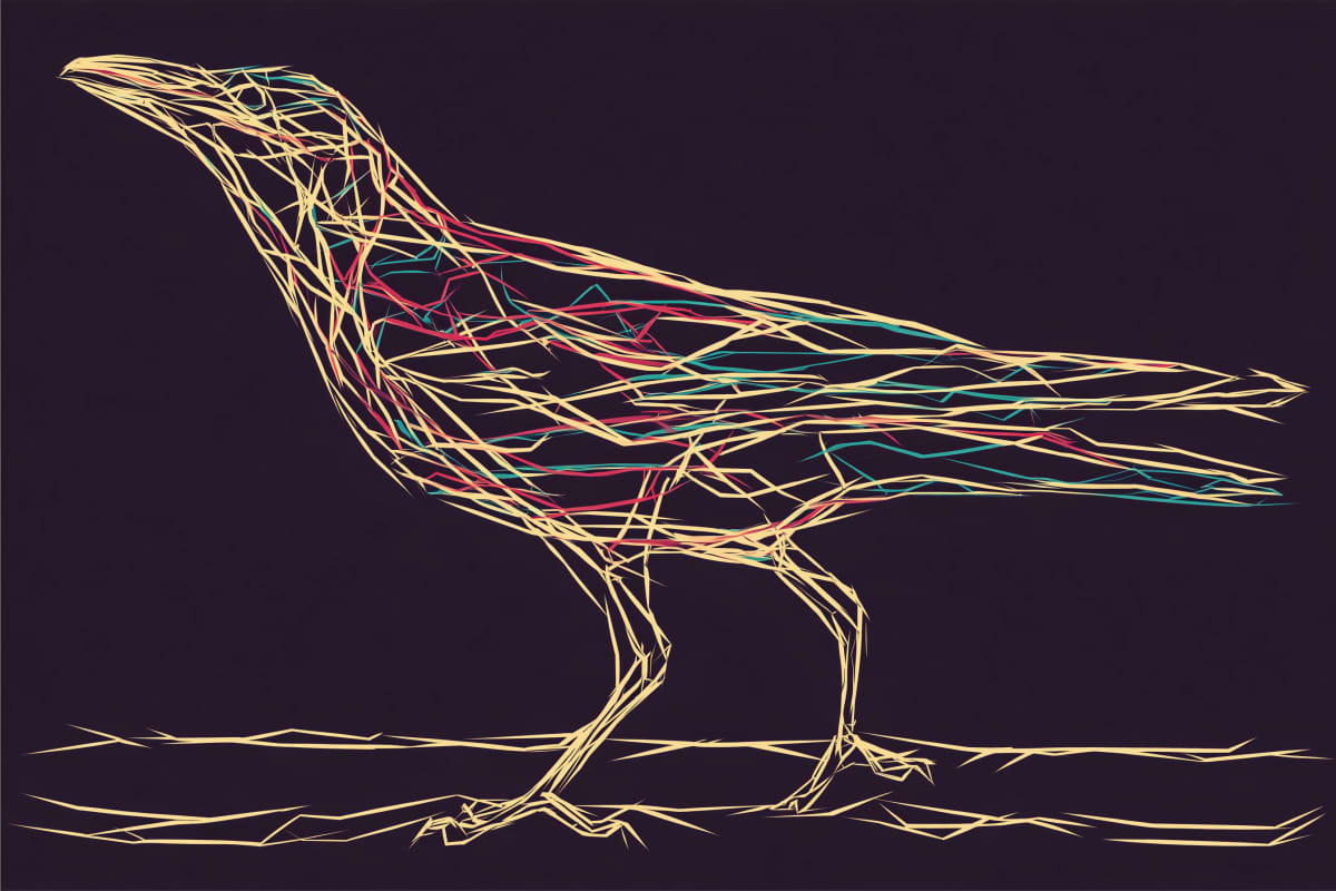 Geometric Songbird - A bird rendered in luminous wireframe lines perches on a branch, its form constructed from intersecting geometric strands in gold and jewel tones.