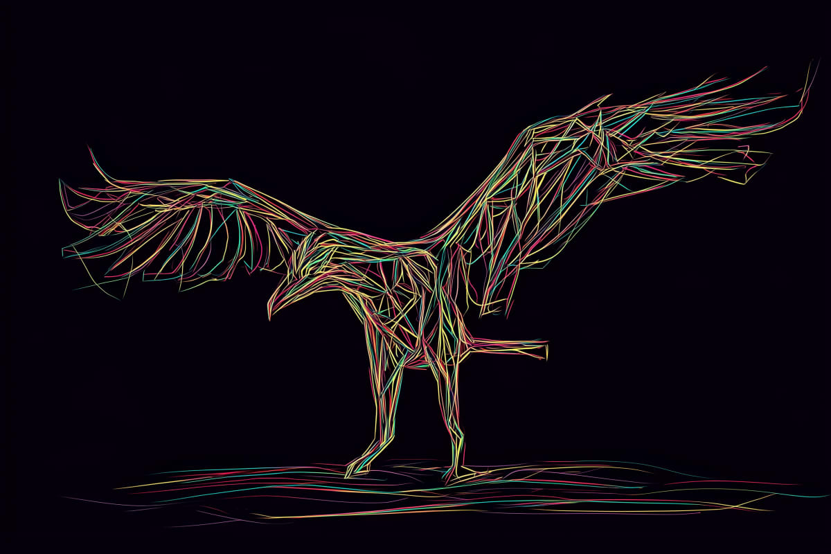 Geometric Eagle Descent - A majestic eagle rendered in luminous multicolored lines against darkness, wings spread wide as it prepares to land.