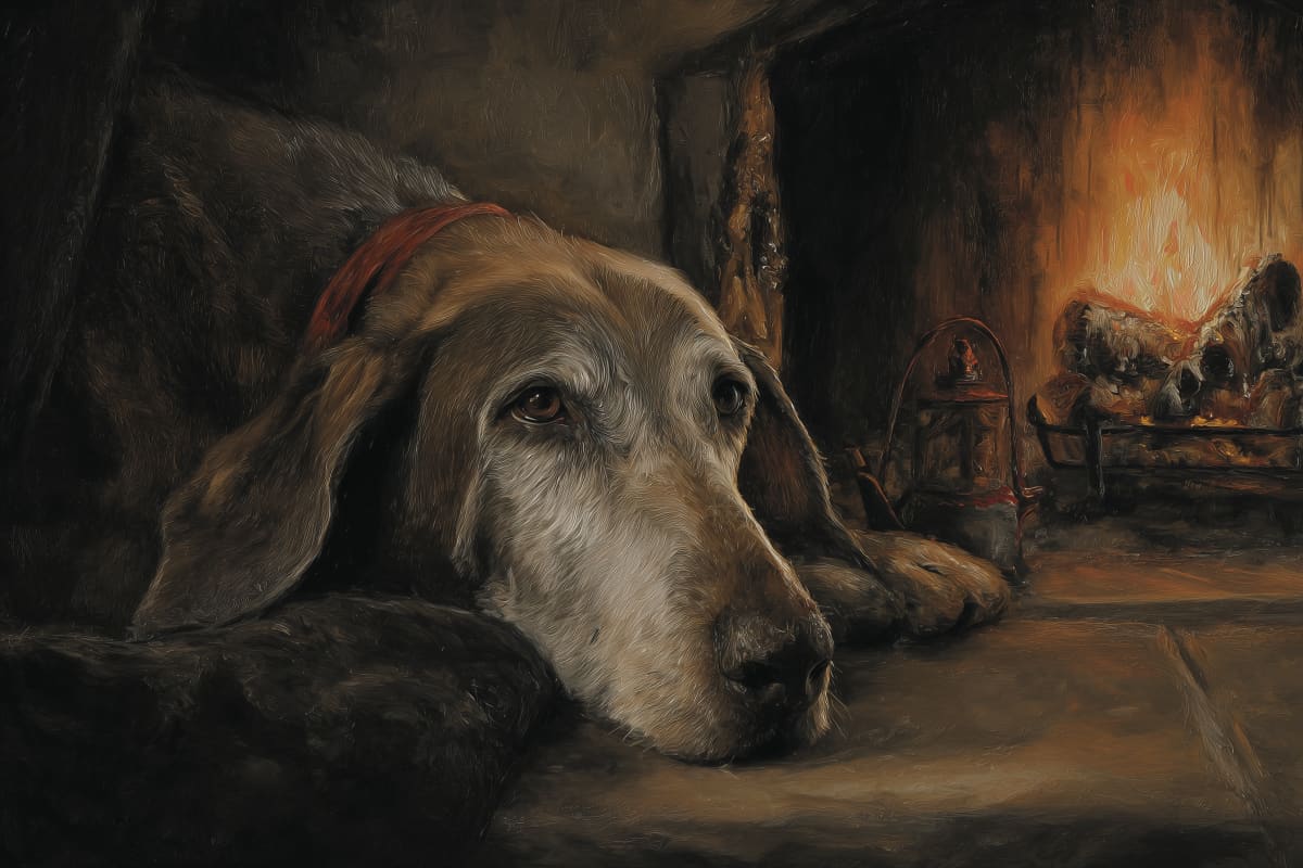 Fireside Reflections of Age - A contemplative elder dog rests peacefully by a glowing fireplace, embodying the quiet dignity of companionship's golden years.