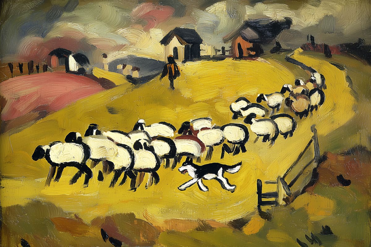 Pastoral Harmony: The Shepherd's Trust - A vibrant modernist interpretation of a loyal working dog guiding sheep through golden hillside fields.