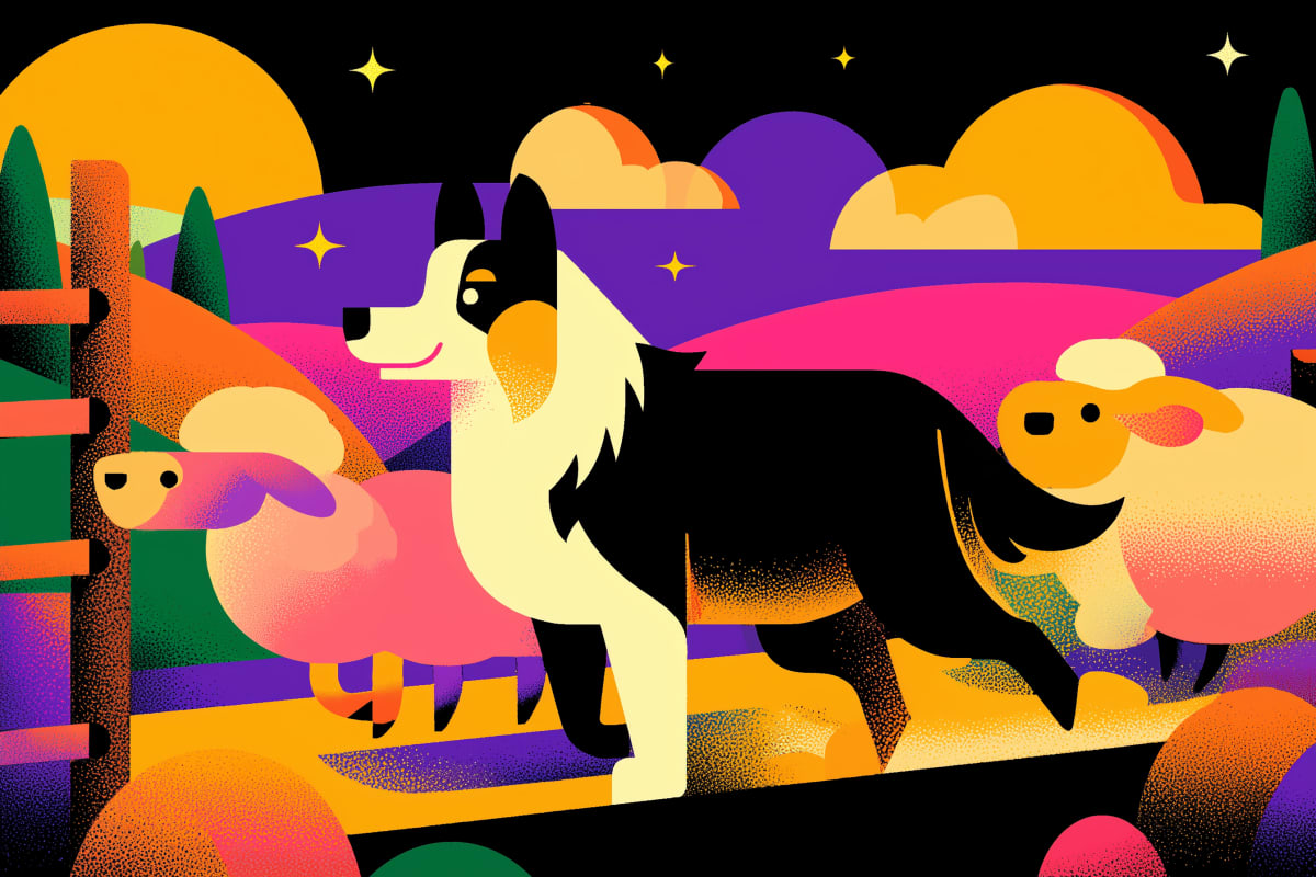 Guardian of the Vibrant Valley - A majestic border collie stands sentinel in a dreamlike landscape bursting with saturated color and whimsical charm.