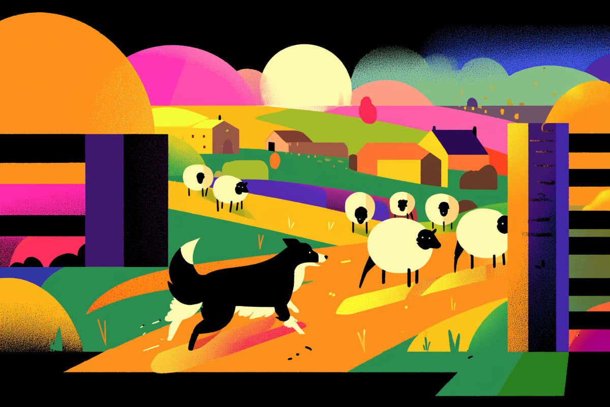 Guardian of the Rainbow Pasture - A vibrant border collie watches over sheep in a dreamlike countryside rendered in brilliant, geometric color fields.