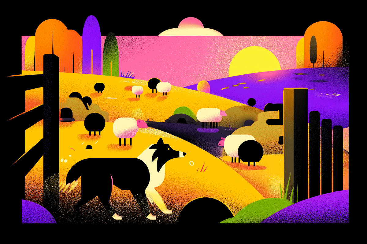 Shepherd's Sunset Pasture - A loyal border collie watches over grazing sheep in a vibrant pastoral landscape bathed in golden sunset hues.