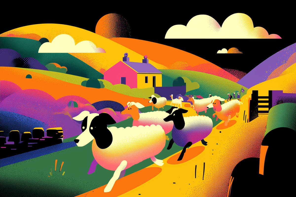 Pastoral Dreams in Vivid Valleys - A whimsical illustration of dairy cows grazing across vibrant, undulating hillsides in bold, saturated colors.