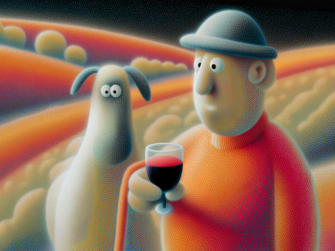 Pastoral Companions at Twilight - A whimsical claymation-style scene featuring a farmer and his loyal dog sharing a contemplative moment over wine against a dreamlike, undulating landscape of warm sunset colors.