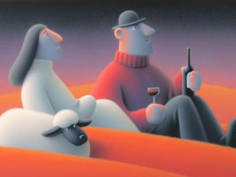 Evening Wine on Distant Shores - Two contemplative figures share a quiet moment with wine against a surreal sunset landscape of rolling orange hills and a pink-hued sky.