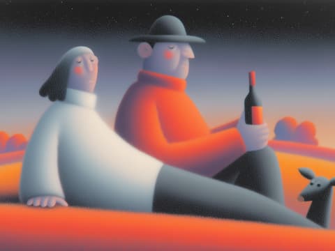 Twilight Companions at Rest - A contemplative scene of two figures sharing a quiet moment beneath a starlit sky, accompanied by wine and a loyal dog, rendered in a distinctive soft-sculptural style.