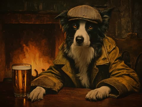 The Gentleman's Repose - A distinguished Border Collie enjoys a quiet moment by the fireside, dressed in rustic elegance.
