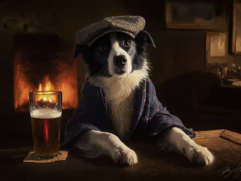 The Gentleman's Repose - A distinguished Border Collie enjoys a quiet evening by the fireside in this warmly atmospheric portrait.