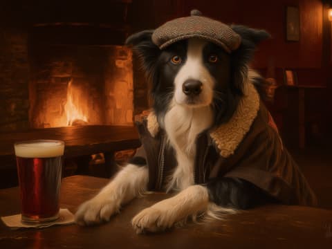 The Gentleman's Fireside Companion - A distinguished Border Collie enjoys a contemplative moment by the hearth in this warmly atmospheric portrait.