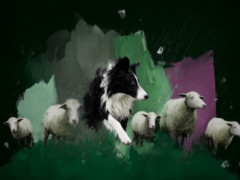 Guardian Among the Flock - A striking border collie emerges from painterly abstraction, watchful protector of peaceful sheep in verdant pastures.