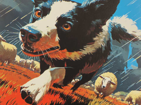 Guardian of the Flock - A striking vintage-style portrait captures a vigilant border collie amid dramatic pastoral scenery.