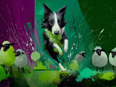 Guardian of the Emerald Flock - A striking Border Collie bursts through splattered paint in this dynamic contemporary portrait, watchfully presiding over stylized sheep.