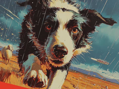 Steadfast Guardian in the Storm - A striking border collie portrait captures unwavering loyalty amid dramatic coastal weather in bold, expressive brushwork.