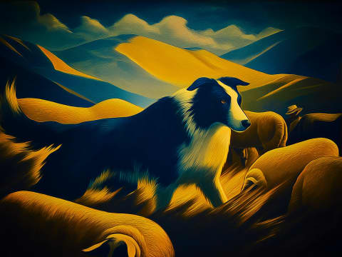 Guardian of Golden Hills - A majestic border collie stands sentinel against luminous mountains in this striking contemporary digital artwork.