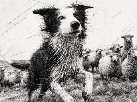 Guardian of the Flock - A noble Border Collie stands watch over sheep in this masterful pen and ink rendering that captures the timeless bond between working dog and pastoral duty.