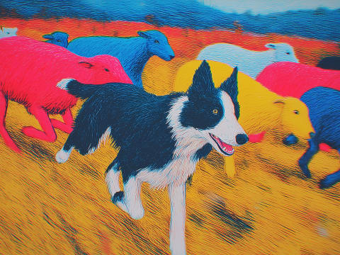 Chromatic Flock: Border Collie's Domain - A vibrant border collie commands a surreal pastoral scene rendered in electric blues, magentas, and golden yellows.