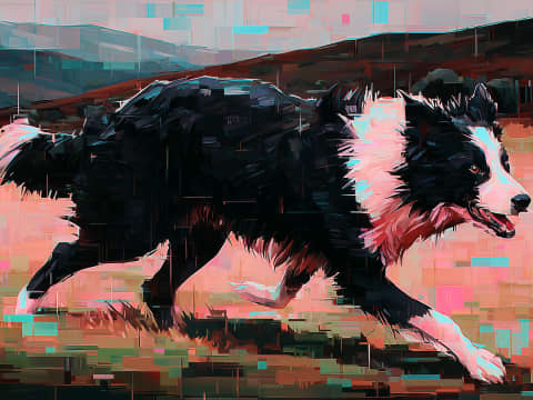 Velocity in Motion: Border Collie - A dynamic border collie captured mid-stride through a glitched digital landscape of coral and cyan.