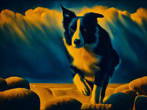 Guardian of Golden Fields - A magnificent Border Collie emerges from luminous golden wheat fields in this striking contemporary digital artwork.