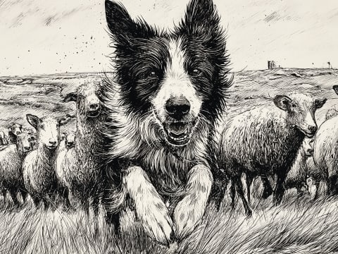 Guardian of the Flock - A magnificent Border Collie charges forward with intense focus, commanding a pastoral scene rendered in masterful pen and ink.