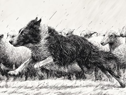 The Chase Through Rain - A dynamic pen and ink study capturing a border collie's intense focus as it herds sheep through driving rain.