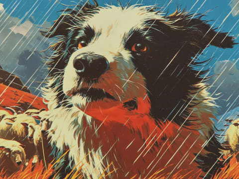 Guardian in the Storm - A heroic border collie braves torrential rain to protect his flock in this striking vintage-inspired composition.