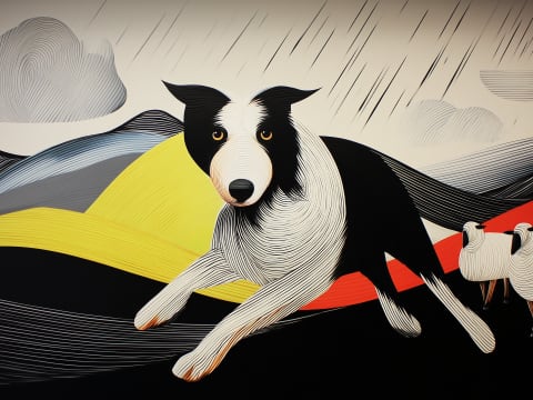 Guardian of the Golden Hills - A striking Border Collie rendered in elegant linear art presides over undulating pastoral landscapes with distinctive modernist flair.