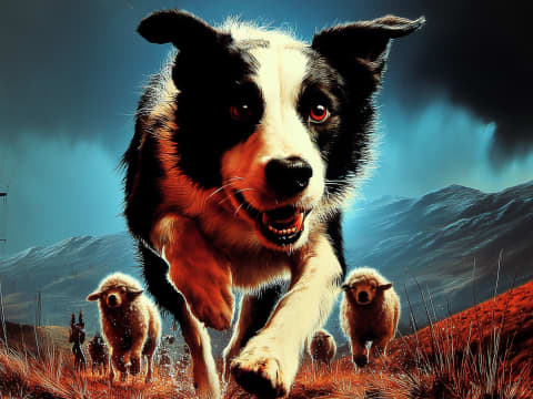 Guardian of the Highland Flock - A majestic Border Collie commands the foreground in this dramatic pastoral scene rendered with cinematic intensity.