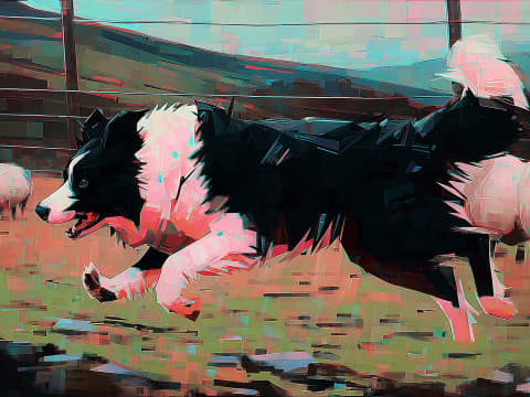 Border Collie in Motion - A dynamic Border Collie captured mid-stride in vibrant digital brushwork that celebrates athletic grace and pastoral energy.