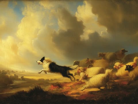 Guardian of the Golden Flock - A masterful pastoral scene capturing a herding dog in dynamic action beneath dramatic storm-lit skies.