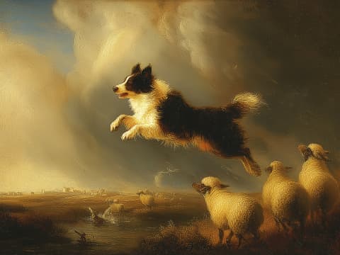 The Shepherd's Leap of Faith - A tricolor collie soars majestically through golden clouds above a pastoral flock in this dramatic Old Master composition.