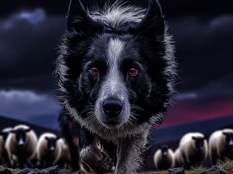 Guardian of the Twilight Flock - A striking border collie stands sentinel over sheep beneath dramatic stormy skies in this captivating digital illustration.