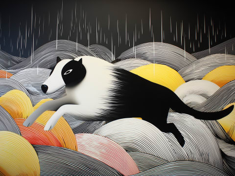 Dreams in Motion: Racing Through Rain - A striking black and white dog leaps through stylized waves beneath falling rain in this contemporary linear art piece.