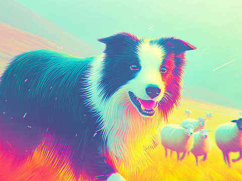 Guardian of the Flock - A vibrant neon-hued Border Collie watches over sheep in this electrifying contemporary digital artwork.