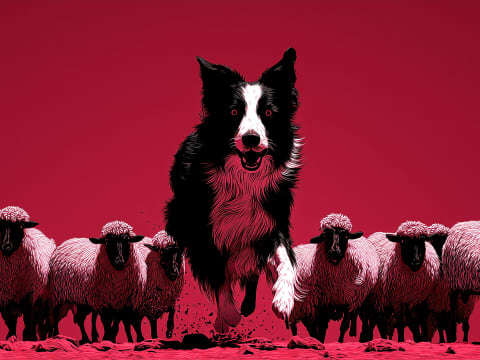 Guardian of the Flock - A striking Border Collie commands attention against a dramatic crimson backdrop, poised protectively above a herd of sheep.
